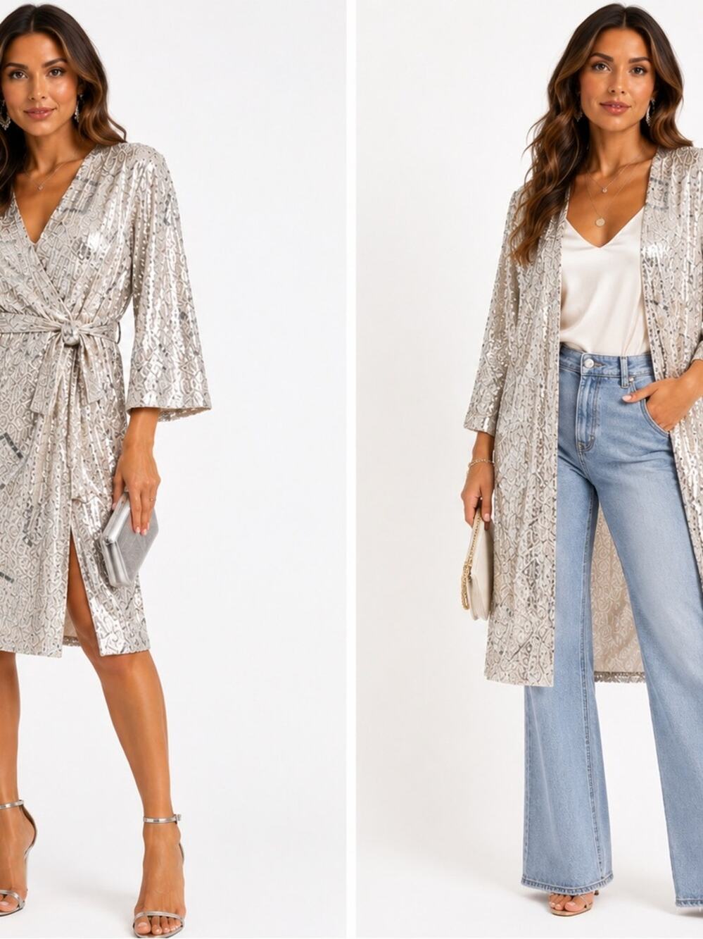 Skies Are Blue Silver Sequin Wrap Dress Duster XS/S Convertible Cocktail Party